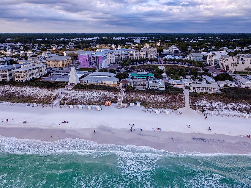 A late-afternoon aerial view of picturesque Seaside, Florida from Gulf of Mexico