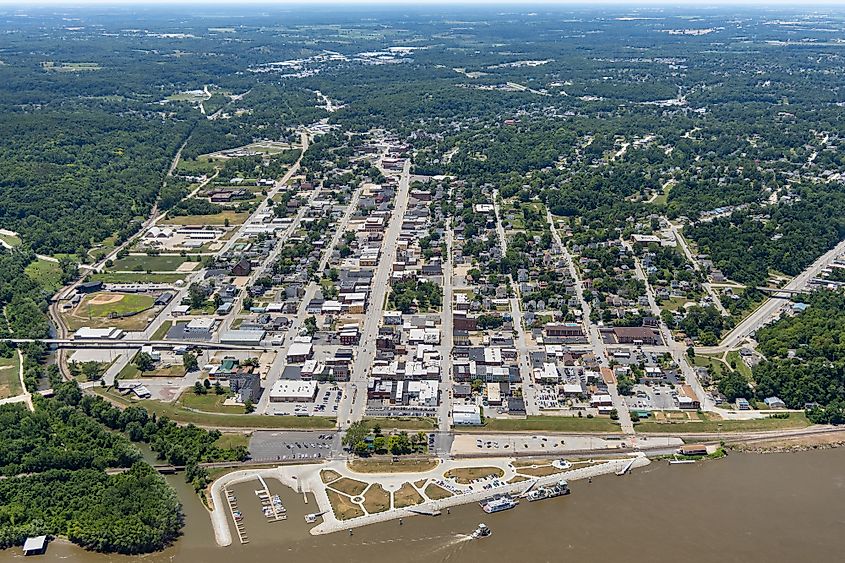 Aerial view of the Mississippi River town of Hannibal.