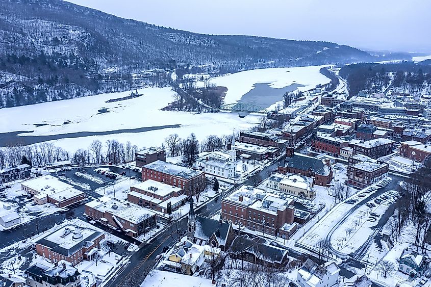 Aerial view of Brattleboro, Vermont in winter.