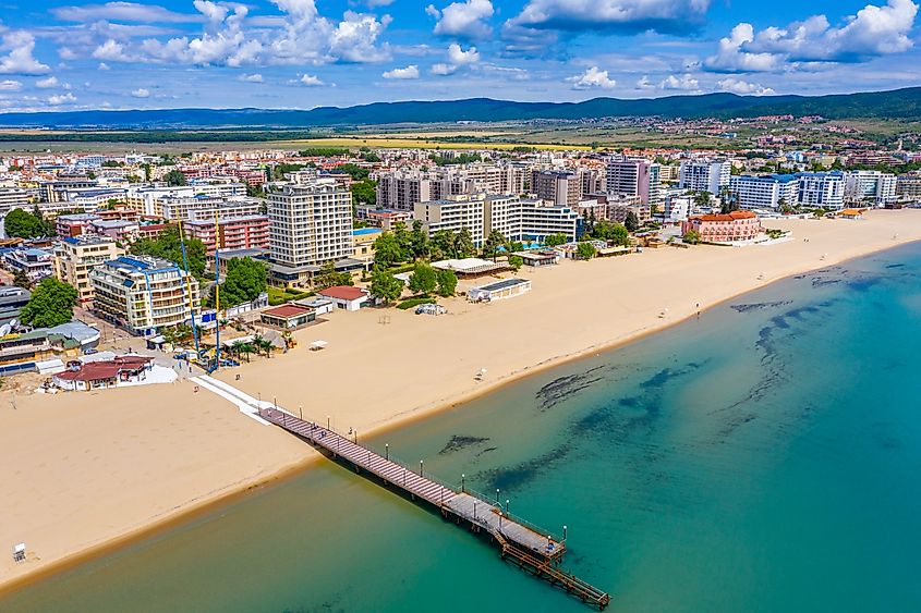 The long Black Sea beaches and skyline of Sunny Beach, Bulgaria