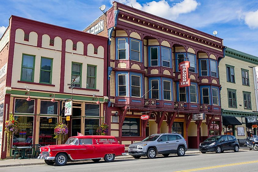 Street scene of the colorful store fronts and saloon in the small town in the Kootenays in Greenwood, British Columbia, via Nalidsa / Shutterstock.com