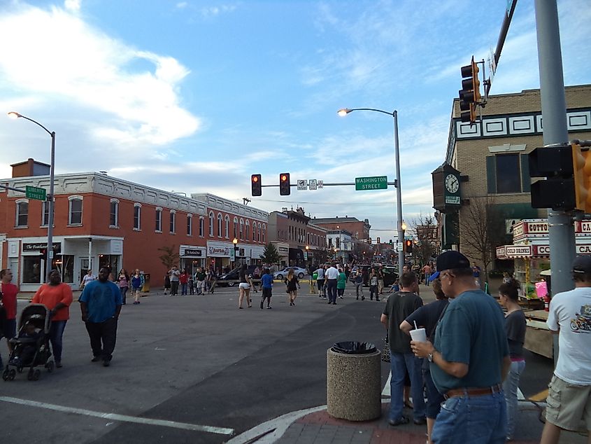 People celebrating at the Grundy County Corn Festival in Morris, Illinois.