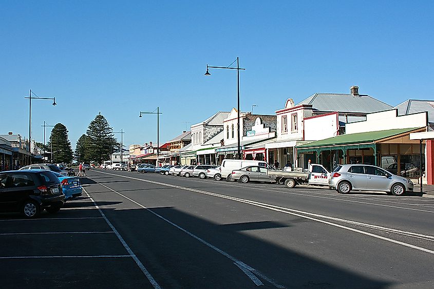 The main shopping strip in Port Fairy. Port Fairy, Victoria, Australia.