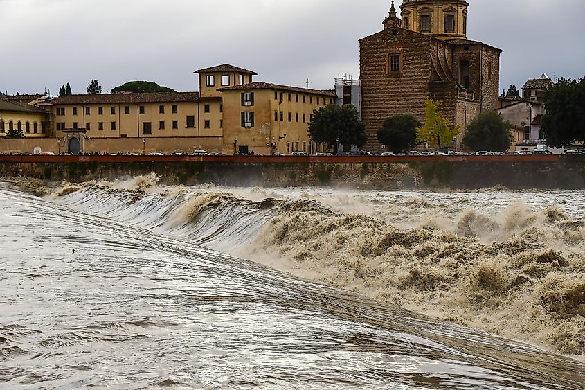 Flood in Italy. the water level in the Arno River in the historic center of Florence is approaching a critical point. ancient bridges, Ponte Vecchio