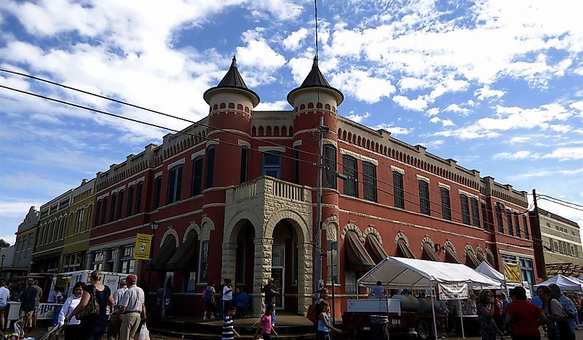 The historic buildings in downtown Abbeville, Louisiana in Magdalen Square.