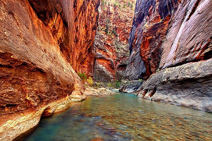 The North Fork of the Virgin River flowing through the base of Zion Canyon in Utah.