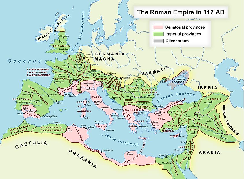 The Roman Empire at its greatest extent in 117 AD at the time of Trajan