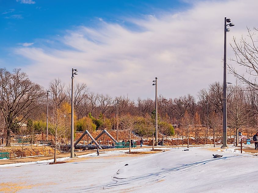 Beautiful snowy playground of the Gathering Place at Tulsa, Oklahoma