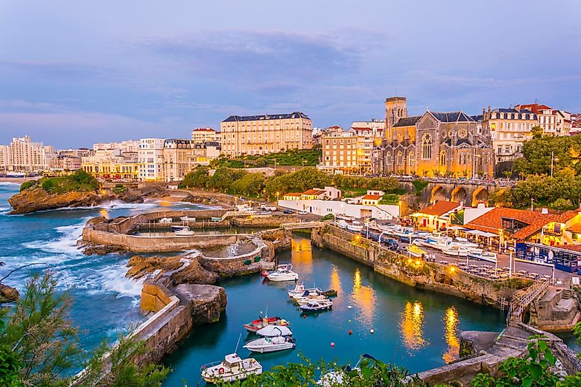 Sunset view of marina in Biarritz, France