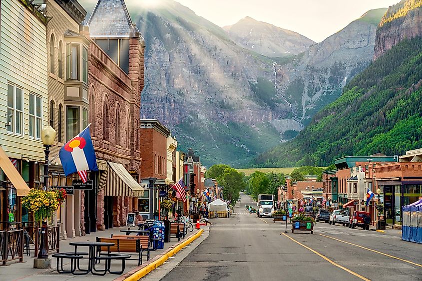 Telluride, Colorado at the base of steep San Juan Mountains