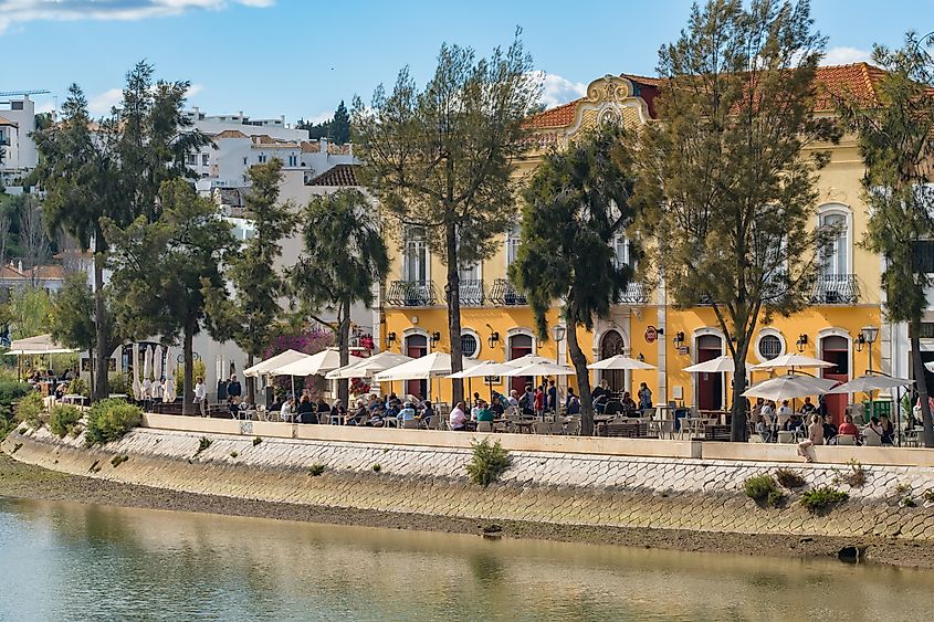 outdoor cafes along the Rio Gilao river in Tavira
