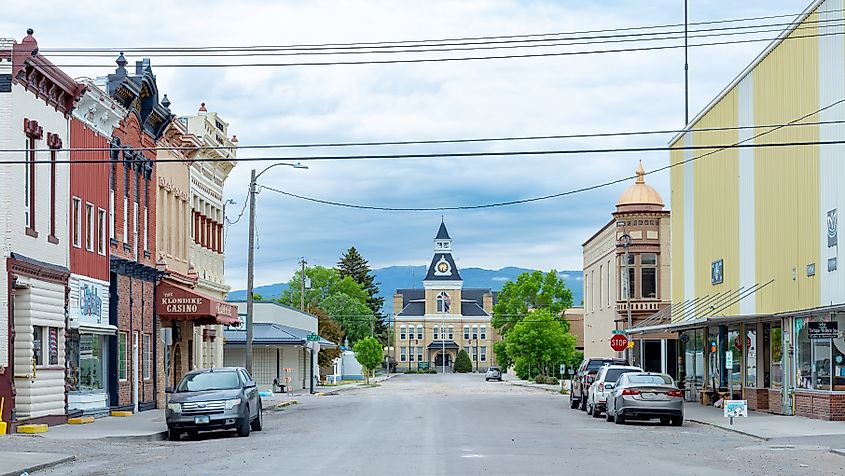 Dillon, Montana, USA, featuring storefronts and the courthouse.