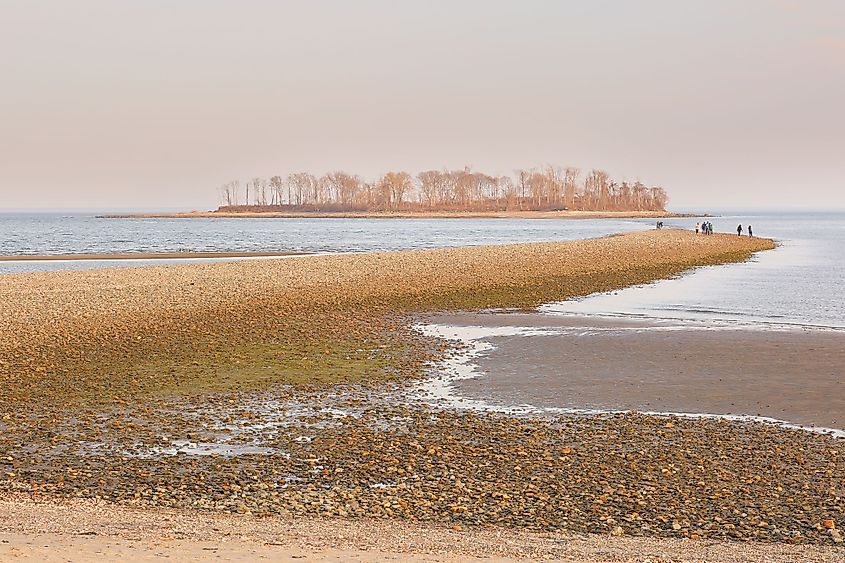 Silver Sand Beach at sunset in Silver Sands State Park, Milford, Connecticut