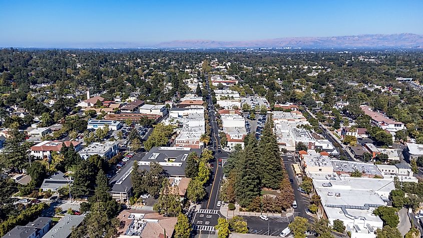 Aerial view of downtown Los Gatos, California.