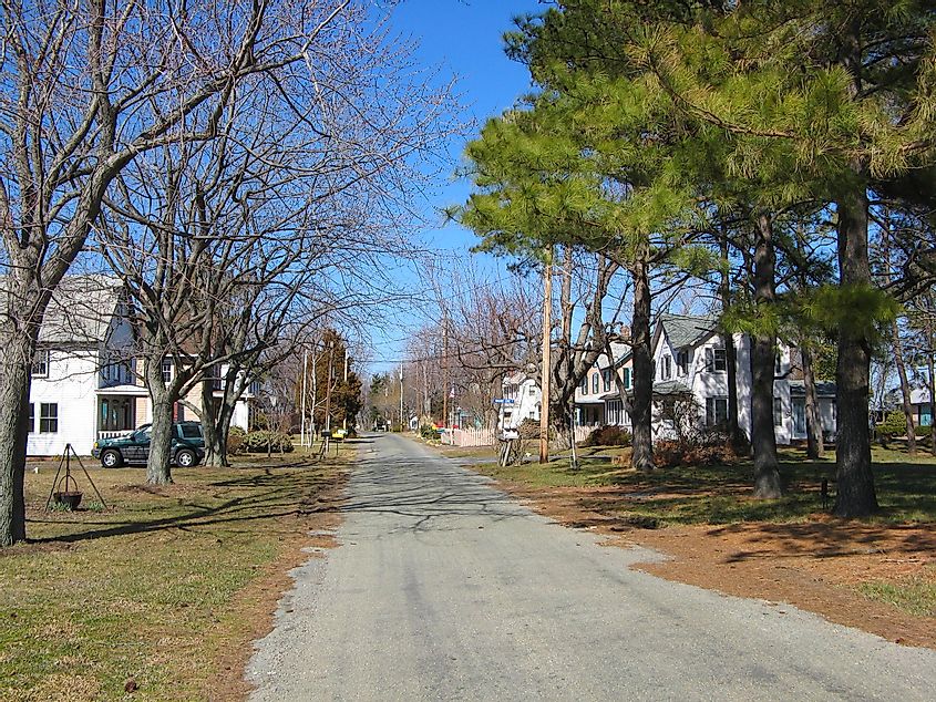 Residential street on Tilghman Island, Maryland.