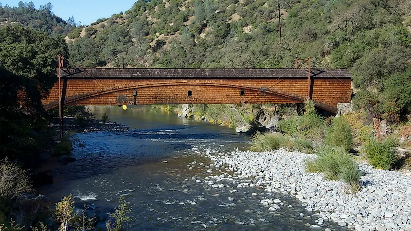 Side view of the bridgeport Covered Bridge at South Yuba River in California, USA.