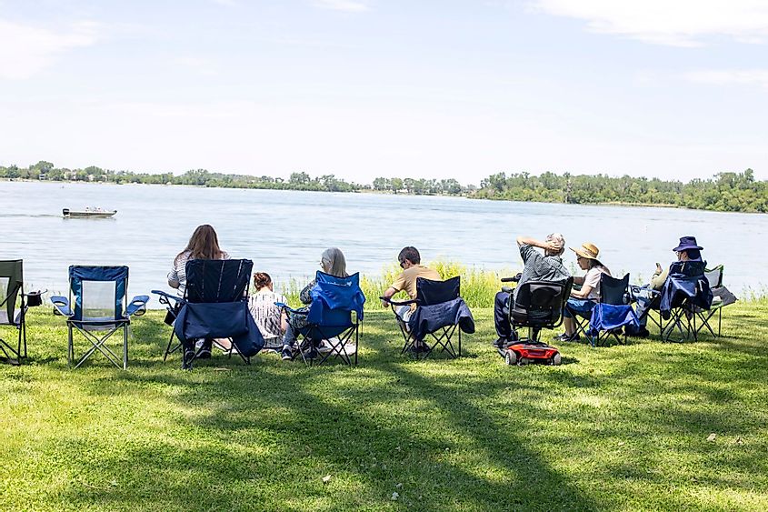 A family having a relaxing day at Lake Manawa State Park in Council Bluffs, Iowa
