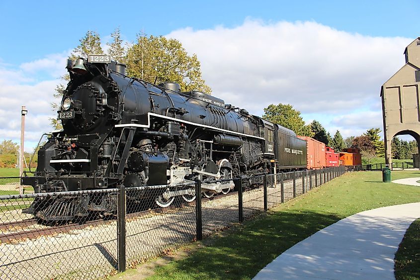 Vintage Pere Marquette N-1 Berkshire 1223 steam locomotive at Grand Haven, Michigan.