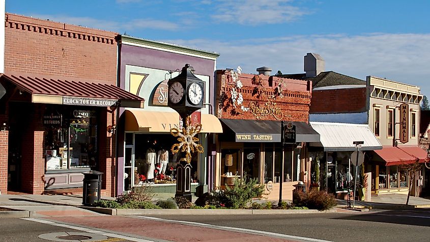 The Main Street lined with shops and cafes in Grass Valley, California.