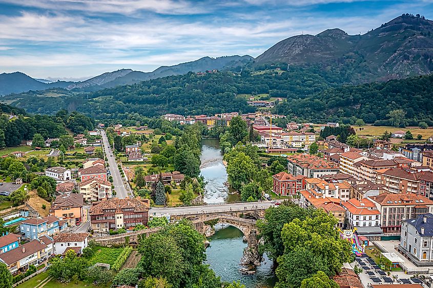 Aerial View over Cangas de Onís, Asturias, Spain.