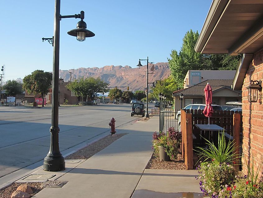 Main Street, looking south toward Canyonlands National Park, in Moab, Utah.