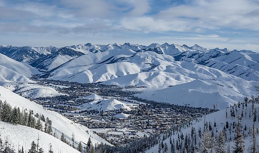 The spectacular town of Ketchum nestled in the mountains of Idaho.