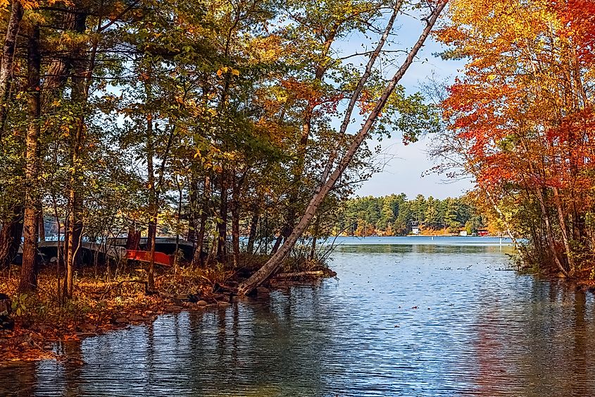 Chain o lakes , Waupaca Wisconsin in autumn, shallow focus on water in foreground. Suzanne Tucker via Shutterstock