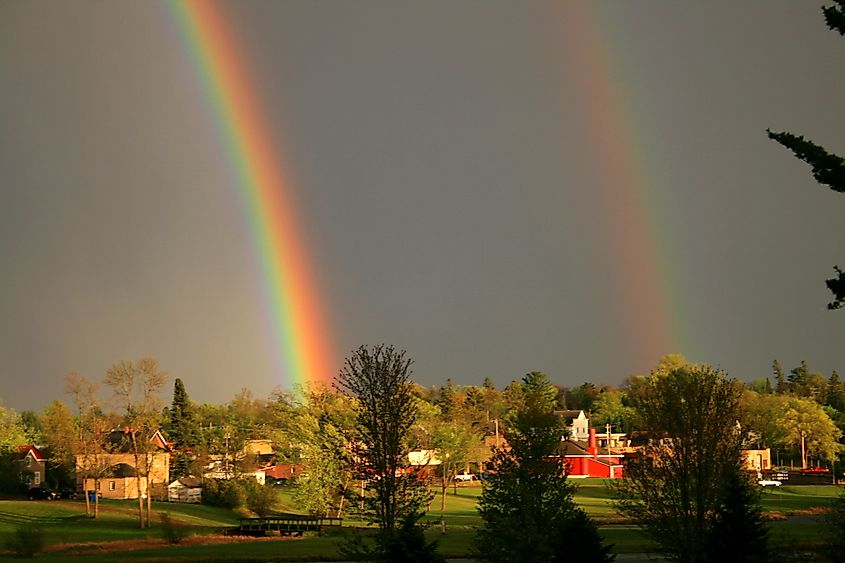 Downtown Grantsburg, Wisconsin over Memory Lake