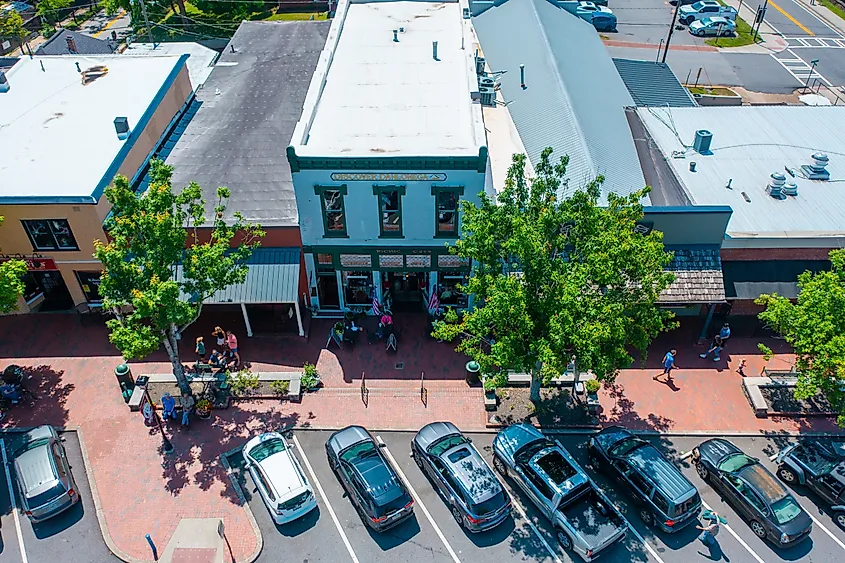 View of businesses along the Main Street in Dahlonega, Georgia.