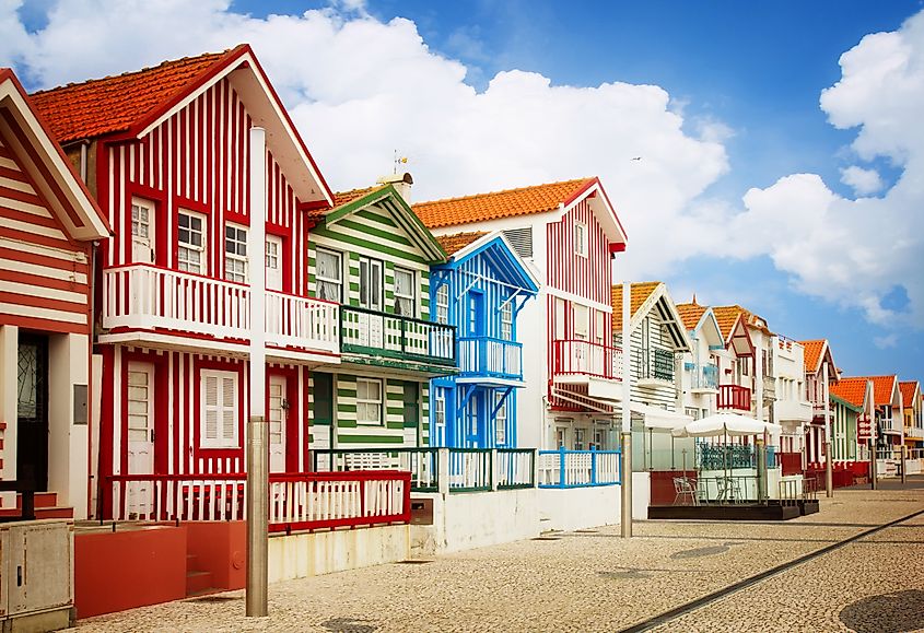 Street with typical striped houses, Costa Nova, Aveiro, Portugal