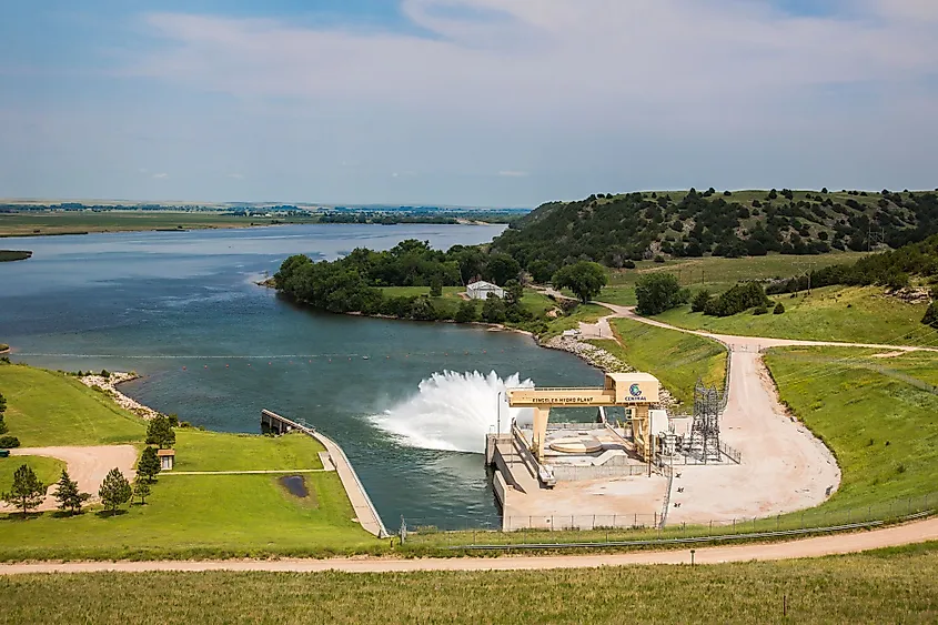 Outlet from the Kingsley Hydro Plant power generation facility at Kingsley Dam, Lake McConaughy on North Platte River, near Ogallala, Nebraska