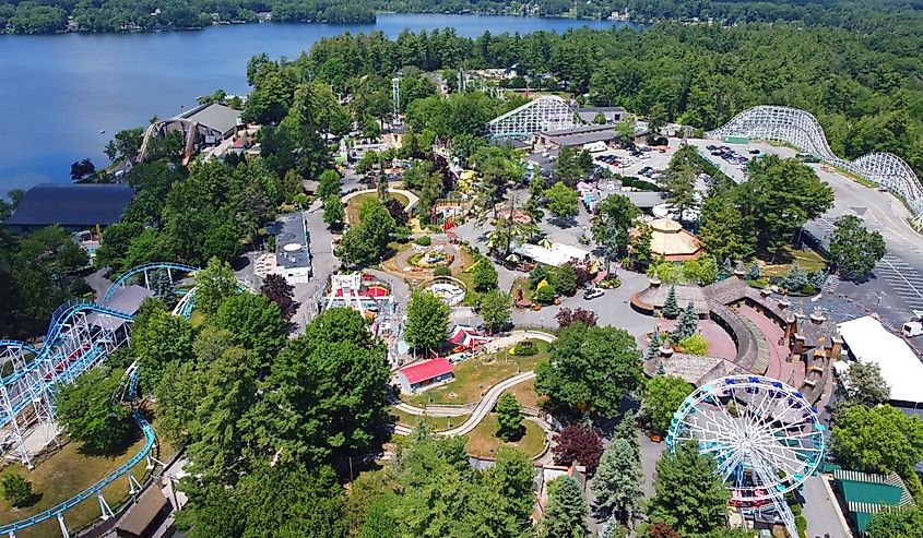 Aerial view of Historic Canobie Lake Park by the Canobie Lake in the town of Salem, New Hampshire.