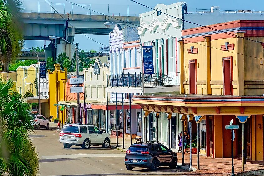 Downtown street in Morgan City, Louisiana.