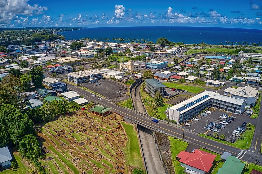 Aerial view of Hilo, Hawaii, on a summer day.