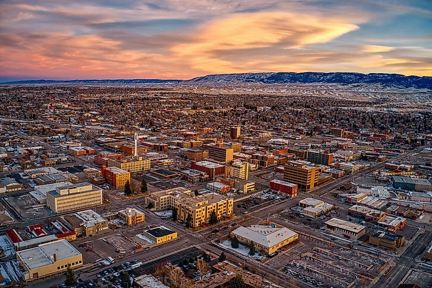 Aerial view of downtown Casper, Wyoming at dusk on Christmas day.