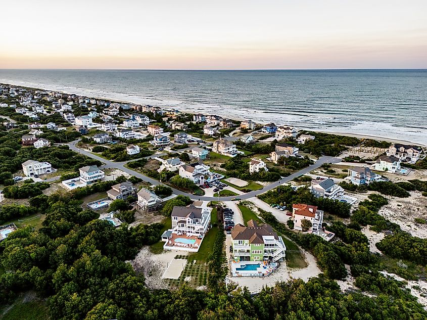 Aerial twilight photo of Corolla, North Carolina, USA.