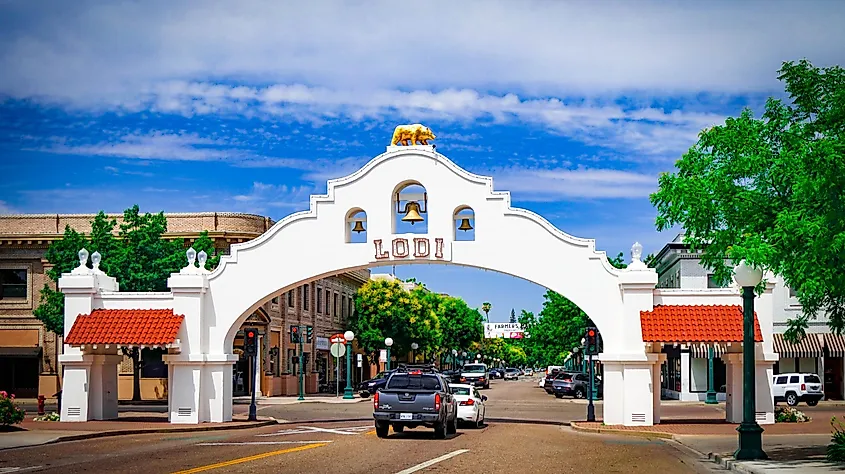 Lodi, California: Downtown area in late spring with beautiful blue sky