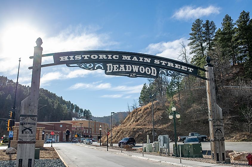 Deadwood welcome sign in the town of Deadwood, South Dakota.