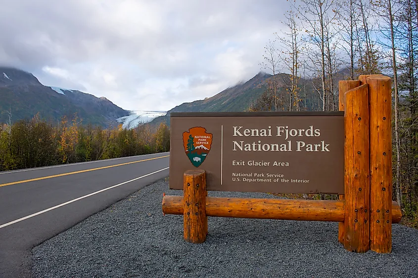 Entrance sign near Exit Glacier in Kenai Fjords National Park.