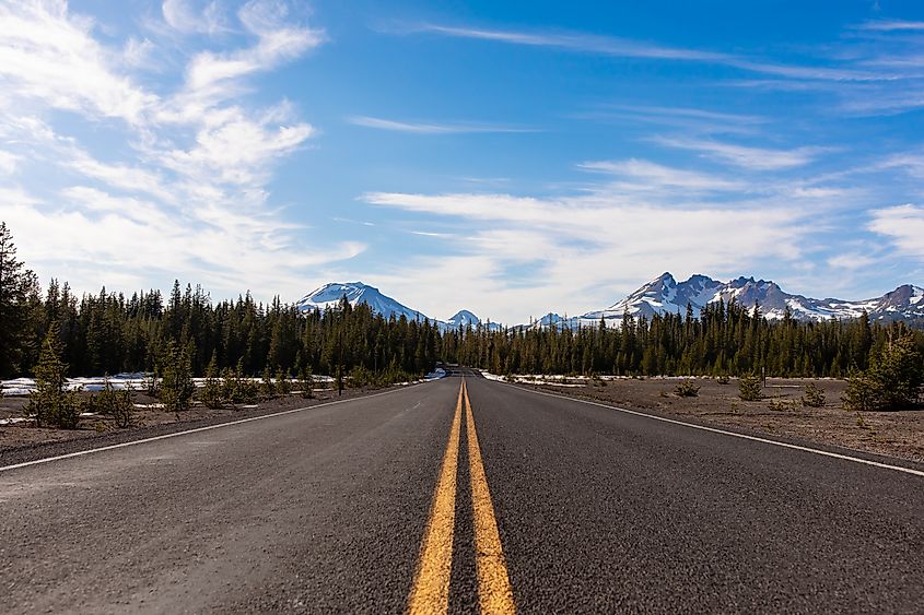 The Cascade Lakes Scenic Byway, a picturesque windy drive that covers 66 miles along alpine lakes and with great views of the Cascade Mountains, central Oregon