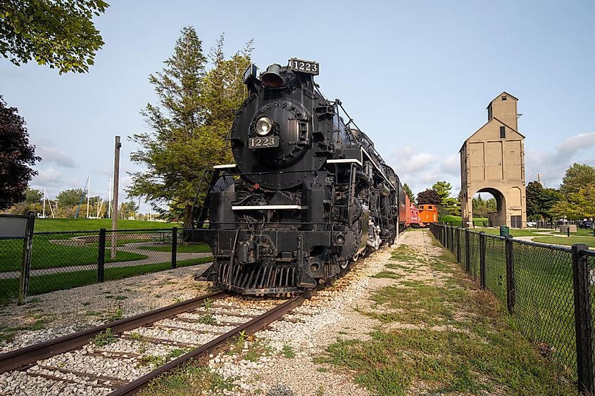Antique train Pere Marquette N-1 Berkshire 1223 steam locomotive at Grand Haven, Michigan, USA.
