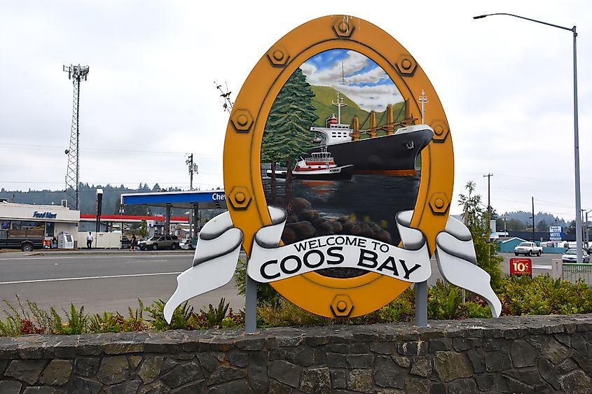 Welcome sign for visitors in Coos Bay, Oregon.