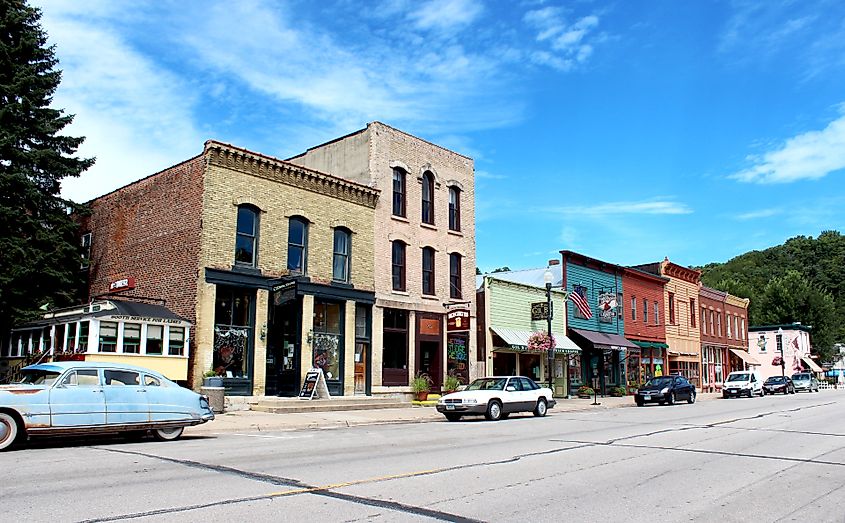 Historic buildings along Parkway Avenue in the business district of Lanesboro, Minnesota.