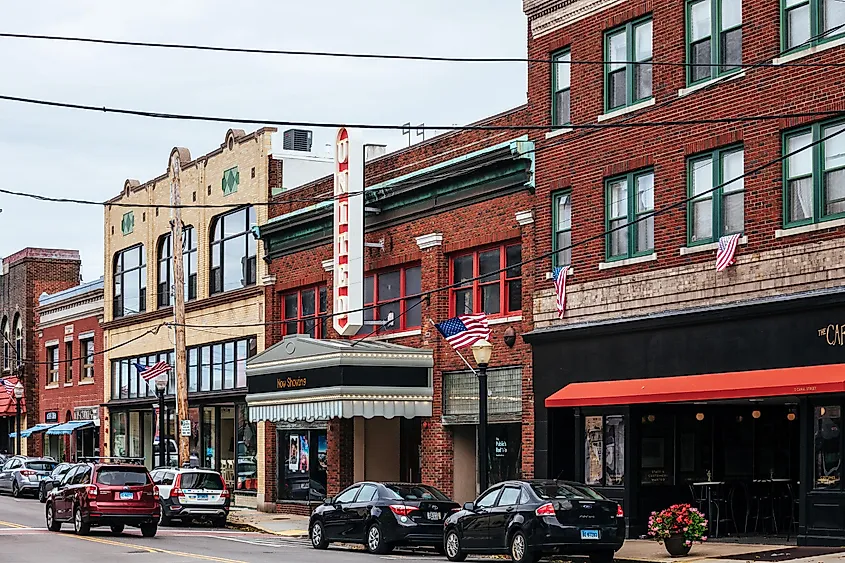 Westerly, Rhode Island: High Street with colourful buildings and a few people.