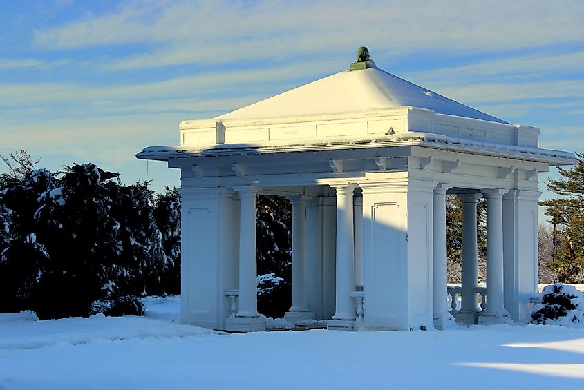 Snow covered winter scene with Pavilion seen in Hershey, Pennsylvania.