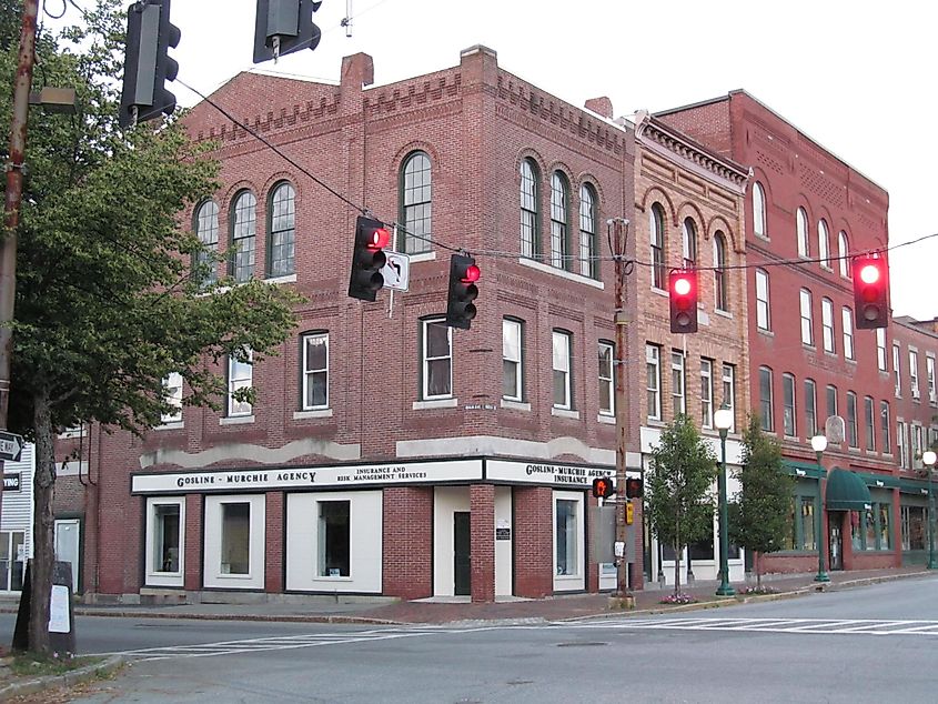 Brick buildings in the historic district of Gardiner, Maine.