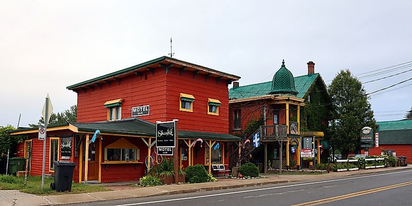 Buildings along a street in Montebello, Quebec.