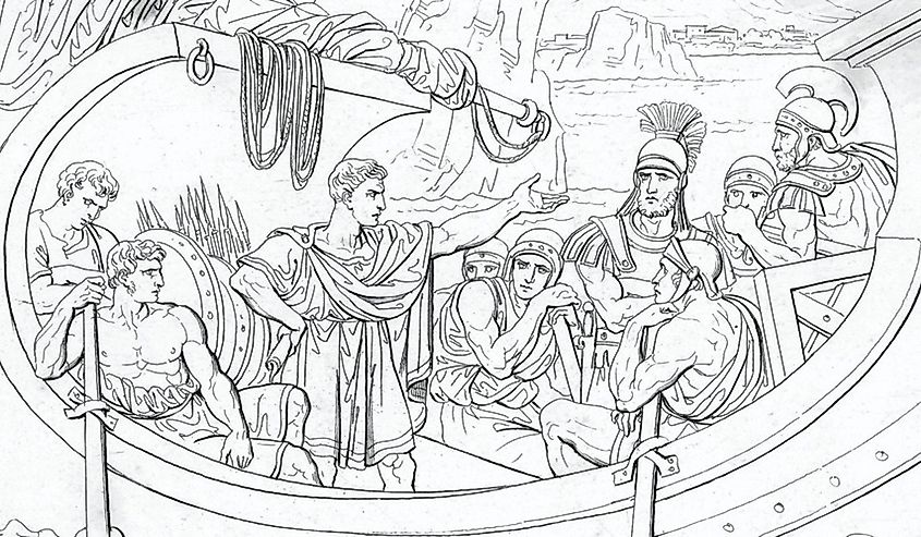 Drawing of Caesar, captured by pirates, turns around and gives them imperious commands