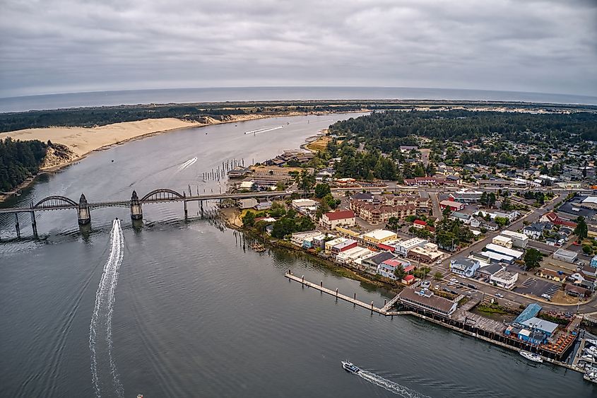Aerial view of the coastal town of Florence, Oregon.