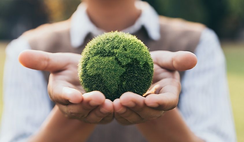 Asian teenager showing earth on hand, ecology and environment sustainable concept.